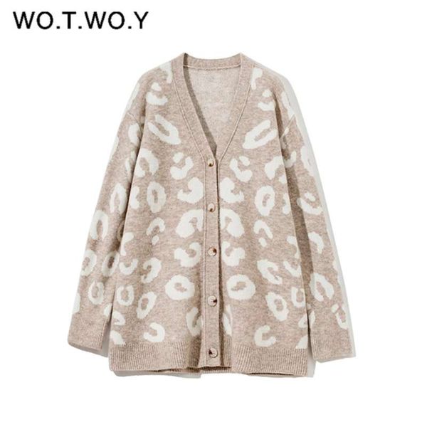 

wotwoy autumn winter v-neck knitted cardigans women single breasted printed loose sweaters female casual soft knitwear 210927, White;black