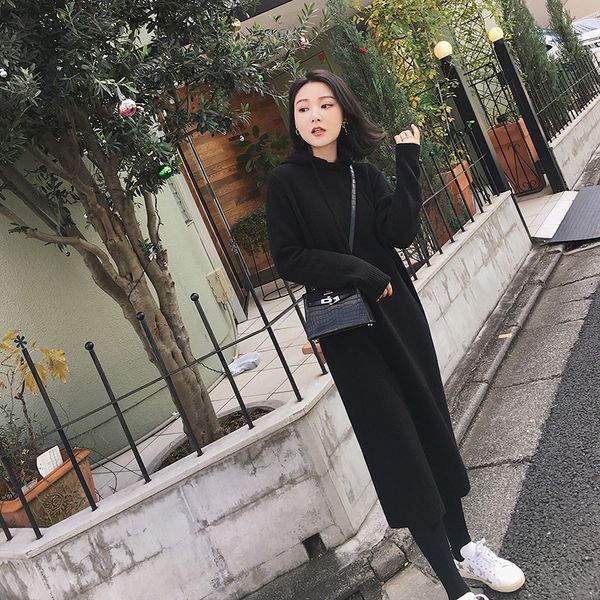 

female fashion sweater skirt 2021 autumn and new winter mid-length with lazy hood style knitted shirt polt, White;black