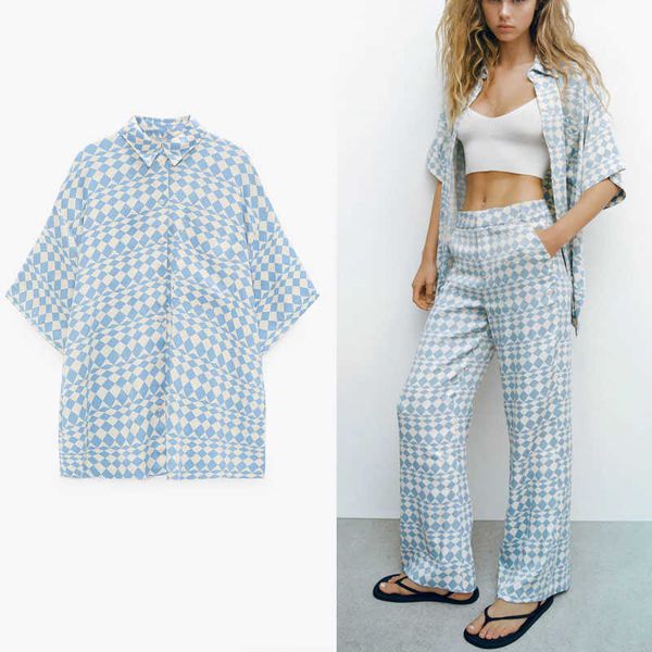 

za geometric print blue summer shirt women short sleeve dropped shoulders vintage patch pocket button up loose blouse 210602, White