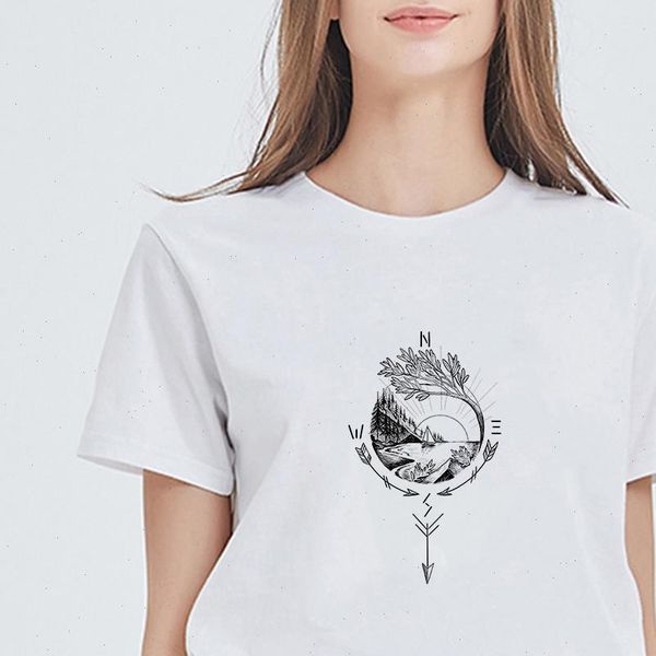 

compass art printing female t shirt cool streetwear harajuku trendy t shirts women vogue pop loose, White