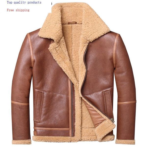 

men's leather & faux 2021 genuine jacket men vintage autumn winter sheepskin coat shearling wool fur man m1903 kj3214, Black