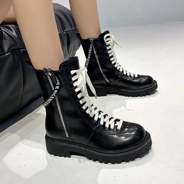 

boots fashion winter keep warm women round head side zipper lacing non-slip sports platform heel ladies shoes, Black