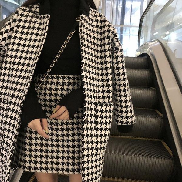 

women's wool & blends 2021black and white houndstooth jacket autumn winter woolen cashmere stitched nine-quarter sleeves, Black