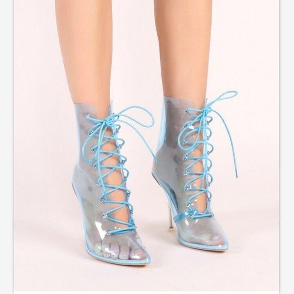 

dress shoes women pointy toe lace up stilettos high heels transparent pvc ankle boots, Black
