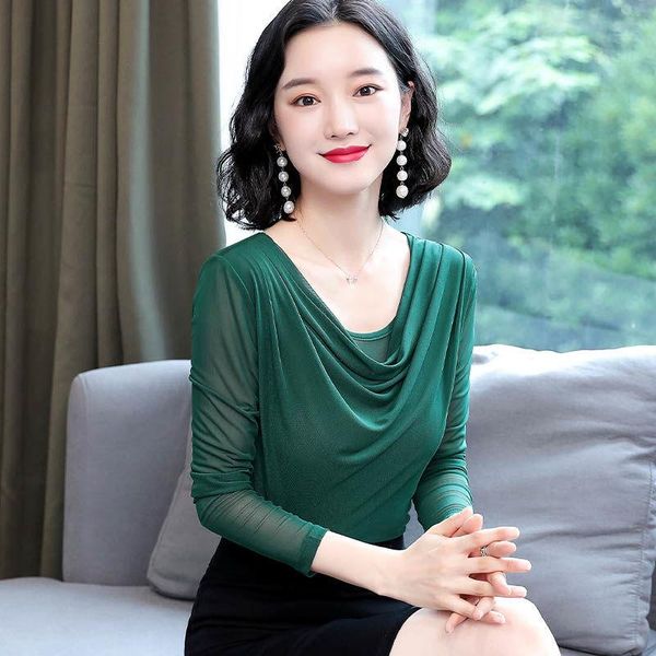 

autumn mesh women 2021 new fashion elegant small shirt slim t-shirt temperament long-sleeved bottoming shirt -4xl, White