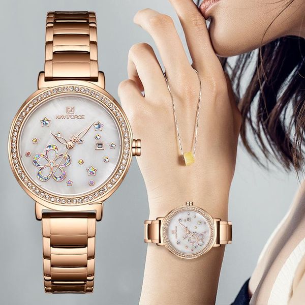 

wristwatches naviforce luxury ladies watch fashion creative rose gold women wrist watches stainless steel waterproof clock relogio feminin, Slivery;brown