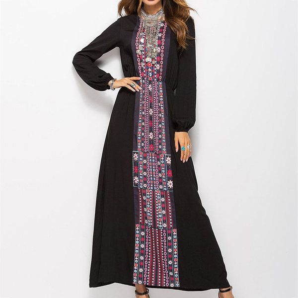 

casual dresses 2021 women boho maxi dress vintage print long sleeves round neck slim fit for summer cgu 88, Black;gray