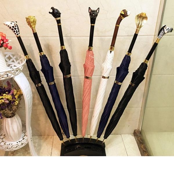 

umbrellas umbrella luxury long handle black rain zebra giraffe panther lion flamingo dog head cat gentleman golden y50