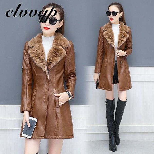 

women's leather & faux 2021 winter pu jacket warm fur collar long office coat black khaki outwear lu1564