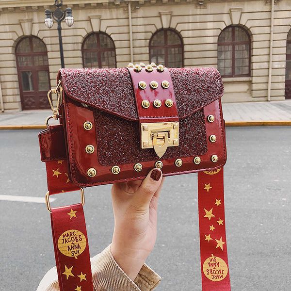 

women's bag 2020 spring new trend patent leather rivet sequin small square bag fashion versatile one shoulder broadband messenger bag