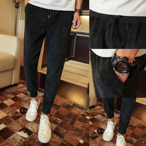 

spring and autumn fashion solid corduroy men's simple lace up casual pants, Black
