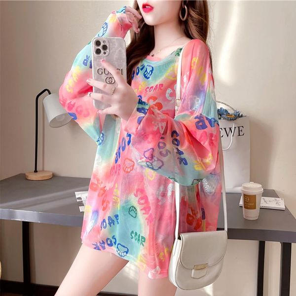 

women's t-shirt gradient tie-dye shirts women summer thin mesh t o neck long sleeve letter print transparent tees overszied shirt, White