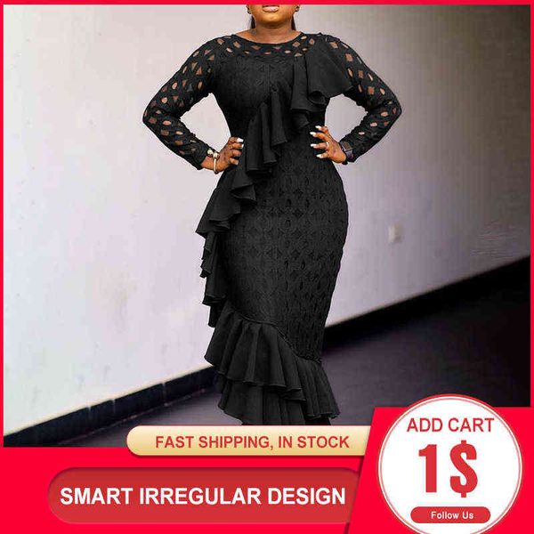 

bodycon ruffle dress women office ladies autumn 2021 party long sleeve dresses asymmetric mermaid plus size 5xl maxi black g1214, Black;gray