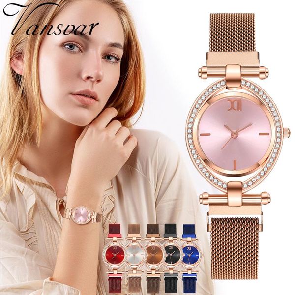 

wristwatches woman watch 2021 quartz vansvar casual stainless steel band women rhinestone crystal luxury gift, Slivery;brown