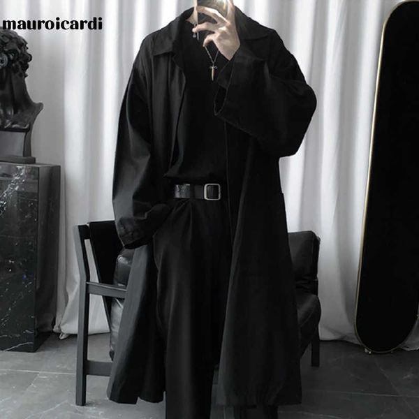 

mauroicardi autumn long black oversized trench coat men long sleeve loose dark academia aesthetic fashion without buttons 211011, Tan;black