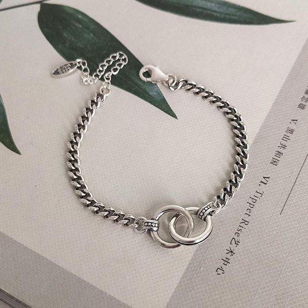 

link, chain hip hop jewelry double circle thai silver color bracelet handmade thick couple for men women s-b413, Black