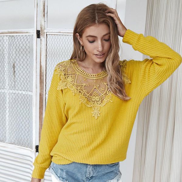 

women's sweaters 2021 autumn solid lace patchwork sweater women casual long sleeve round neck pullover s-xl, White;black