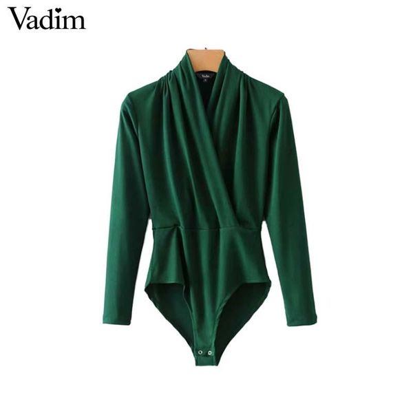 

women's jumpsuits & rompers vadim women basic v neck bodysuits long sleeve stretchy playsuits white black pink female casual wear retro, Black;white