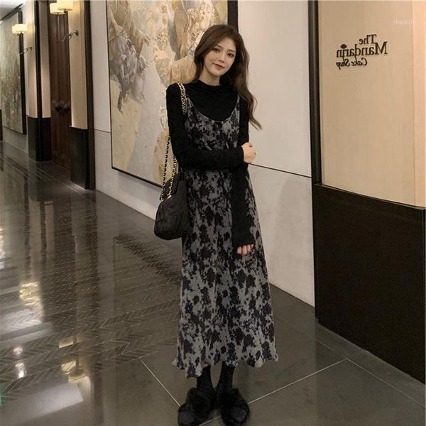 

women's tracksuits casual spring autumn 2 two piece set women knitted dress base tender mid-calf suspender skirt y2, Gray