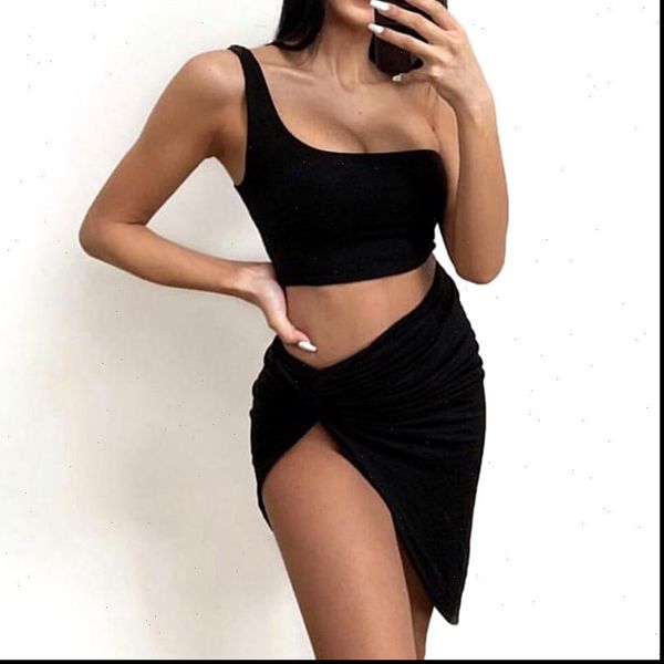 

two piece set dress women summer one shoulder tanks short skirts bodycon club dresses summer 2pcs, Gray