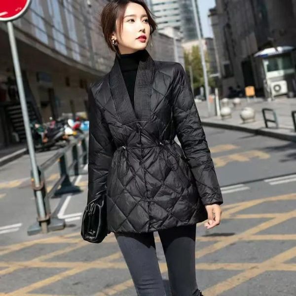 

women's down & parkas winter korean style diamond cotton jacket women mid-length v-neck waist warm chic coat thicken quilted, Black