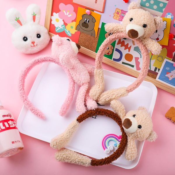 

hair accessories girls cute three-dimensional plush bear headband female sweet cartoon face wash hairbands headwear fashion, Slivery;white