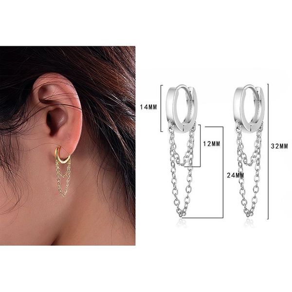 

hoop & huggie a pair gold silver color huggies earrings with chain tassel women's simple hoops smooth bohemia hip hop ear jewelry cool, Golden;silver