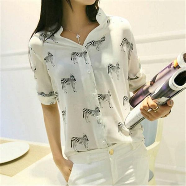 

women letter regular zebra print blouse chiffon shirt blusas fashion girls short sleeve button down, White