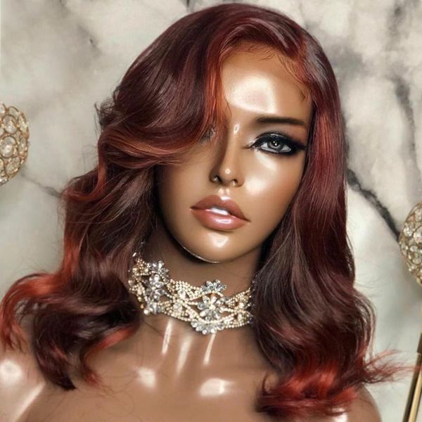 

lace wigs ombre highlight color 360 front wig 180%density short bob body wave with babyhair for black women brazilian human remy hair, Black;brown