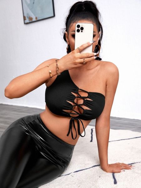 

sxy one shoulder crisscross knot front crop l6r1#, White