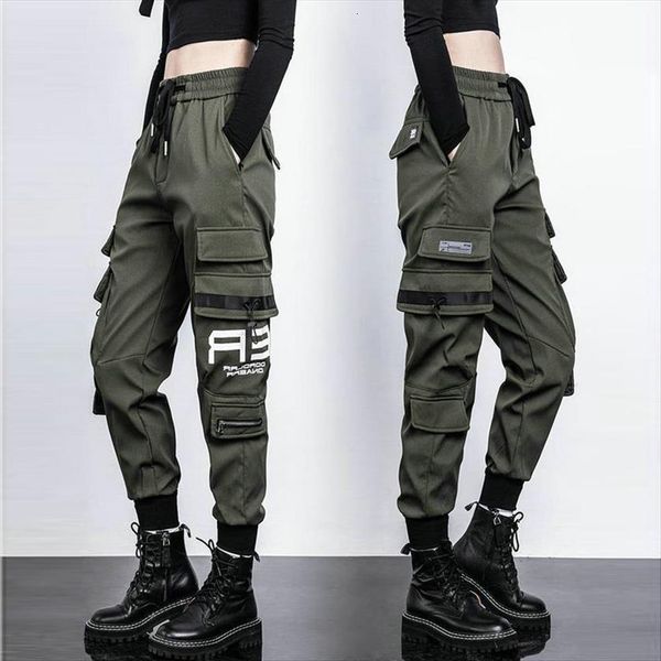 

big pockets cargo elastic womens pants high waist loose streetwear tactical trouser hip hop quality joggers, Black;white