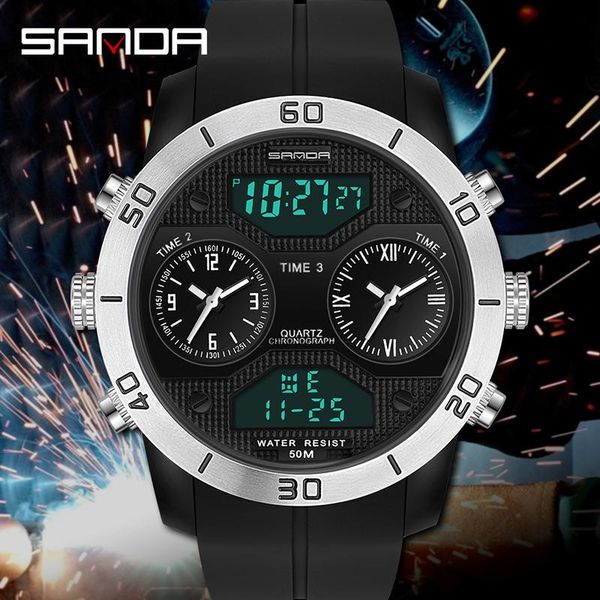 

wristwatches luminous digital quartz watches men silicone led light three zone time display military business reloj hombre, Slivery;brown