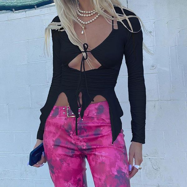 

women's t-shirt y2k aesthetics hollow out crop long sleeve drawstring 90s streetwear cute bandage v-neck solid irregular, White