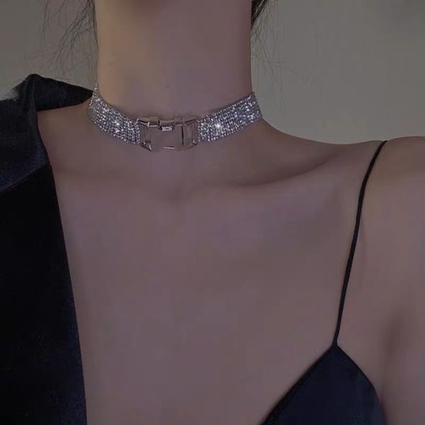 

hbp fashion ins full sparkle diamond necklace cool wind niche design wide version clavicle exaggerated neck chain choker female, Silver