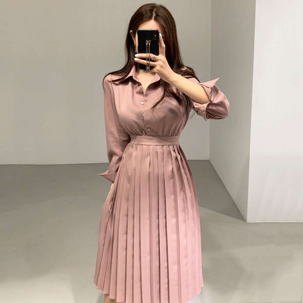 

temperament slim korean single chic lapel minimalist breasted light ripe high waist medium length long sleeve pleated dress hot, Black;gray