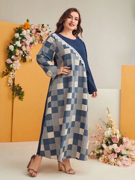 

plus lace trim plaid dress 454k#, Black