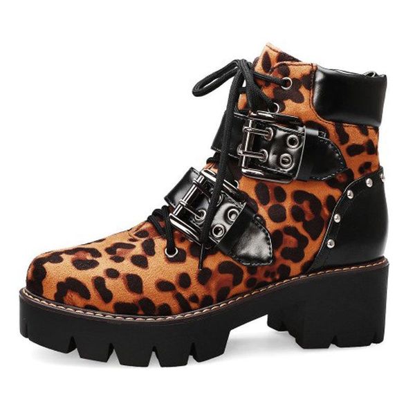 

boots women`s leopard round toe leather shoes, Black