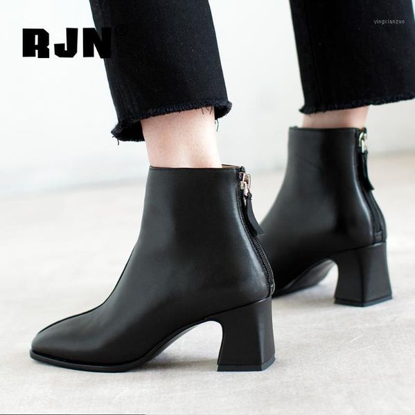 

boots rjn genuine leather ankle for women fashion thick heel casual zipper women's autumn comfortable shoes ro1341, Black