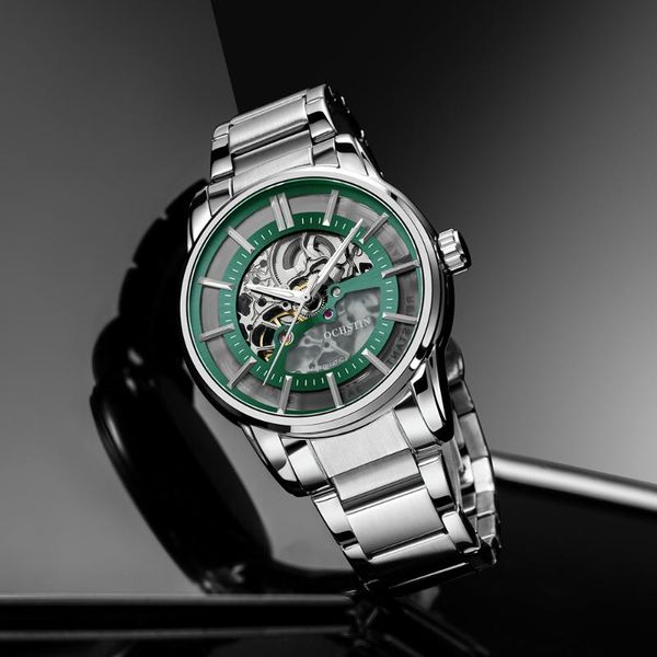 

wristwatches ochstin men watch automatic mechanical luxury business skeleton wristwatch for man stainless steel clock relogio masculino, Slivery;brown