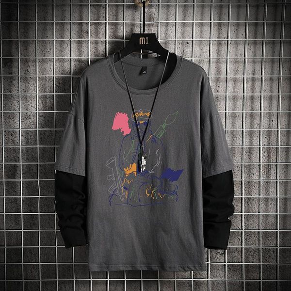 

men's hoodies & sweatshirts glacialwhale hip hop patchwork spring crewneck sweatshirt men japanese streetwear oversized gray hoodie, Black