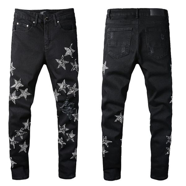 

mens designer jeans fashion straight men biker hole stretch denim casual jean men skinny pants elasticit, Blue