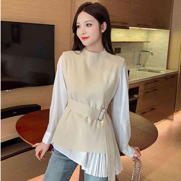 

two piece dress [ewq] women sweater vest o-neck irregularity shirts female 2 set korean fashion suit outfits 16w1602 x5jd, White
