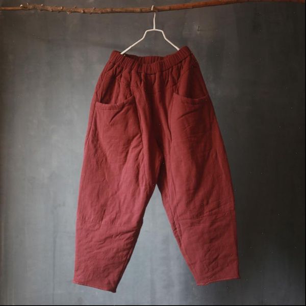 

women cotton linen pants elastic waist trouser pockets 2020 winter new loose solid color warm plus cotton casual pants, Black;white