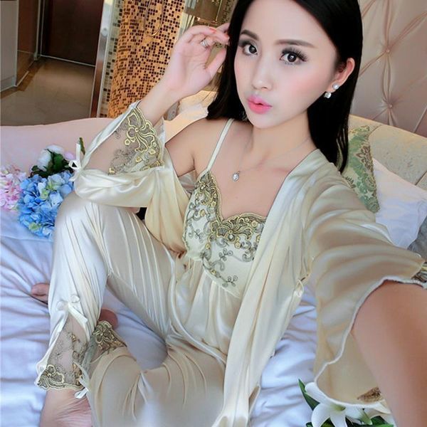 

women's sleepwear women spring and autumn ice silk sling three piece pajamas korean version thin home suit 2021 summer lingerie femme, Black;red