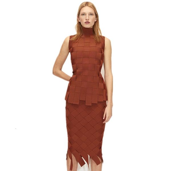 

2021 new style women turtleneck brown tassel two piece bandage celebrity designer fashion winter women's set p8na, Gray