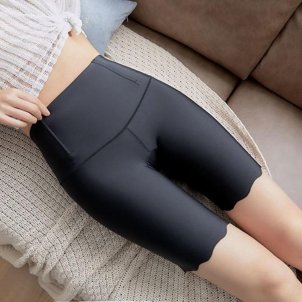 

women's leggings summer ice silk high waist belly pants anti-exposure safety ruffled without trace and curling, Black