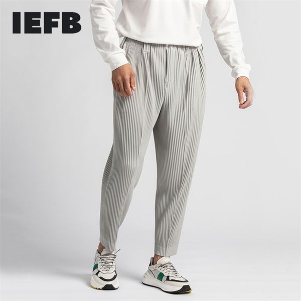 

iefb /men's wear japan pleated trousers male autumn wrinkled mid-seam open ankle ankle-length pants elastic waist y3493 210810, Black