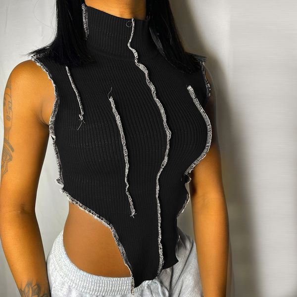 

sleeveless patchwork high neck crop tank autumn winter women fashion streetwear club y2k tees 2021, White
