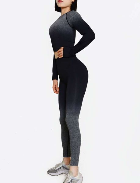 

fitness gradient seamless yoga warm long sleeve running suit sports top, Gray