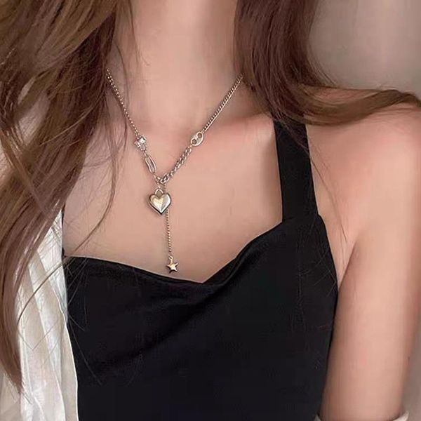 

pendant necklaces u-magical hiphop asymmetry love heart star necklace for women cubic zircon chunky curb chain metallic jewellery, Silver